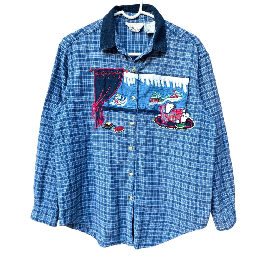 Casey Max Christmas Button Down Flannel Sz L Blue Plaid Polar Bear Embroidered